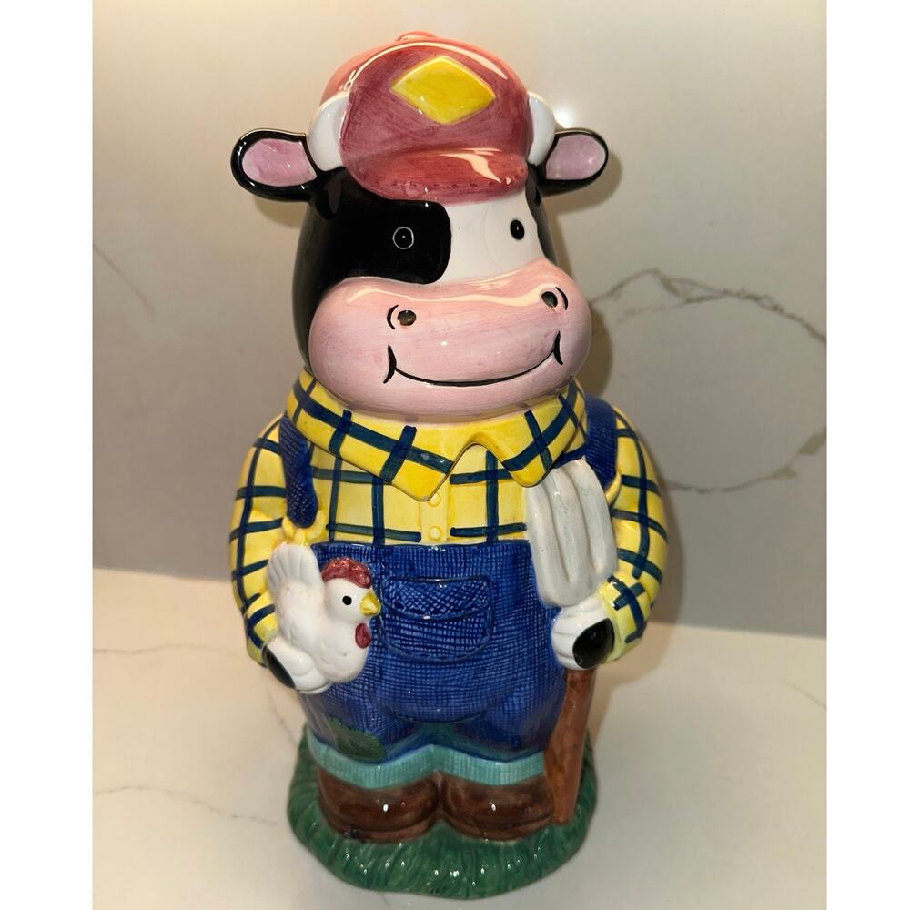 Rare Vintage Hank Holstein Farmer Cow Cookie Jar Yellow Plaid Chicken